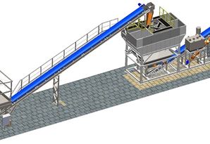 Central de concreto fixa IX CFP SMART em posição de trabalho utilizando sistema de carregamento com distribuidor rotativo.